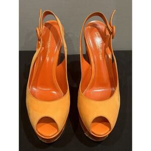 Gianvito Rossi Women's Orange Platform Peep-Toe Wedges size 37